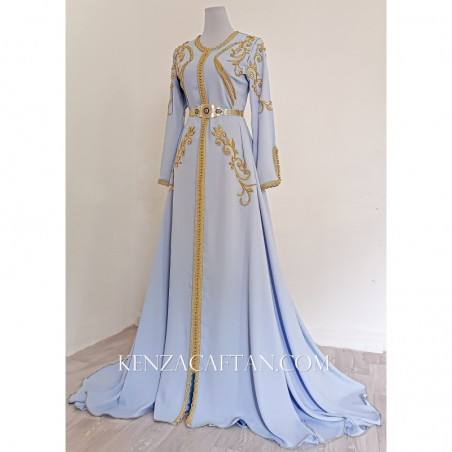 Caftan marocain bleu avec broderie et perlage - 