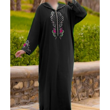 Black djellaba in crepe with colored embroidery - 1