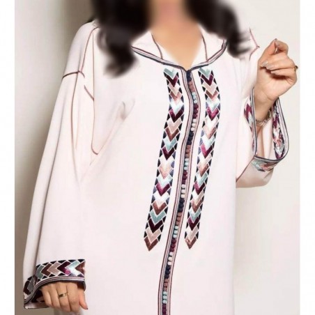 Djellaba for woman in white with colorful embroidery - 1