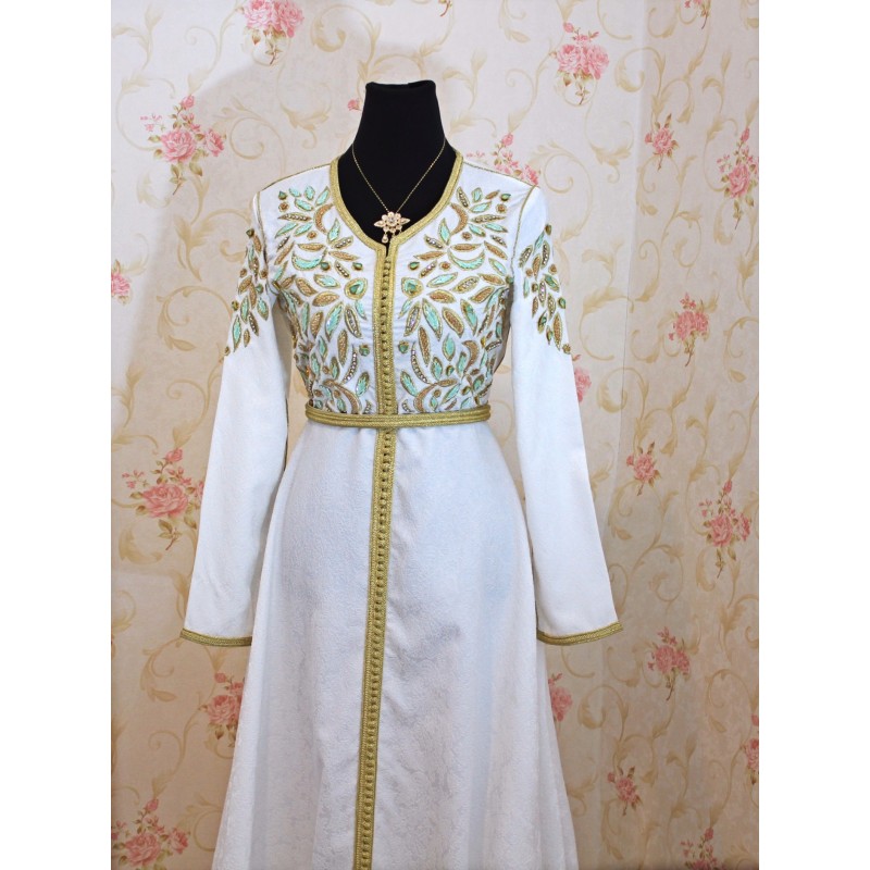 White wedding kaftan with green beading - 2